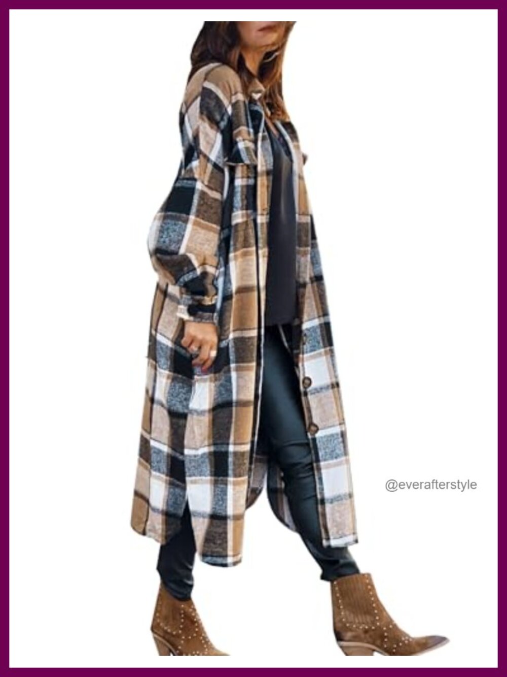 Women's Oversized Plaid Flannel Shacket Button Down Long Shirt Jacket